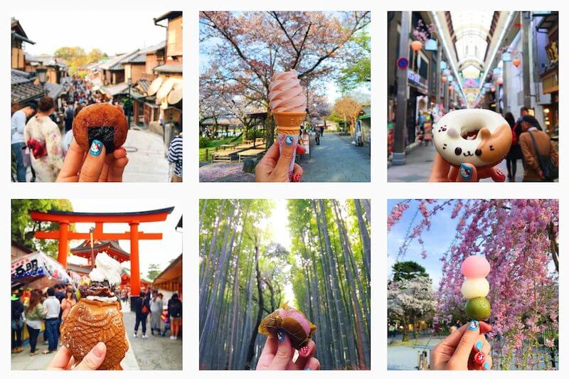 Food items in scenic travel locations from Instragram