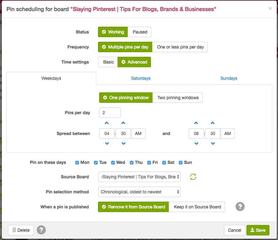 Look at all these settings in the Boardbooster scheduler tool! Boardbooster's detailed settings are one of its strengths over Tailwind.